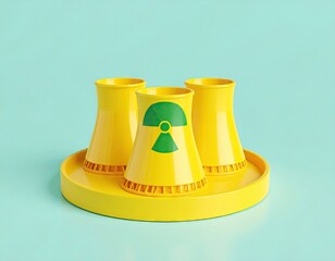 Three yellow nuclear power plant cooling towers on a yellow tray against a teal background