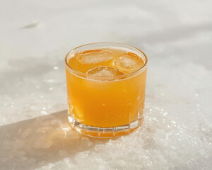  A glass of orange juice resting on a bed of ice cubes, reflecting light and showcasing its vibrant color.