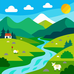 Fototapeta premium Beautiful countryside landscape in summer with green hills, fields, river and grazing goats vector on natural background.