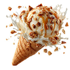 Peanut brittle ice cream scoop with crunchy caramel shards, isolated on transparent background