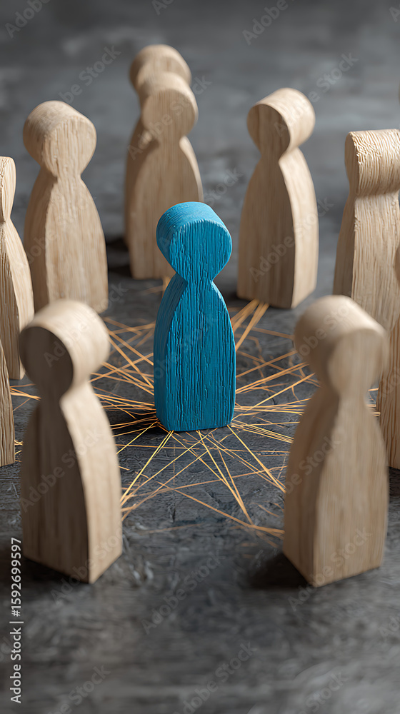 Fototapete blue figure surrounded by wooden figures connected by threads connection network