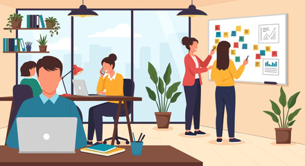 Teamwork in a modern office: Diverse colleagues collaborating on a project, perfect for website banners or presentations.