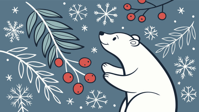 Winter polar bear with snowflakes and berries christmas holiday season vector graphic illustration design