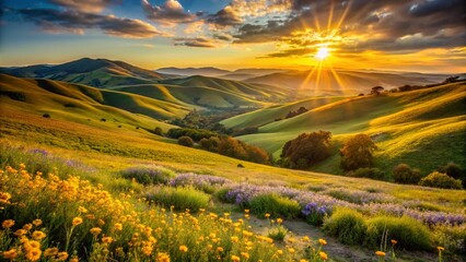 Golden light bathes the mountain landscape, painting the sky with hues of sunrise or sunset over rolling green hills and a summer meadow