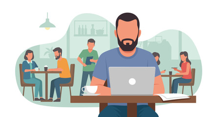 Man working on laptop in a cafe, ideal for illustrating remote work, freelance, or coffee shop culture.