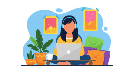 Fototapeta premium Woman working from home on laptop, perfect for blog posts about remote work or freelancing.