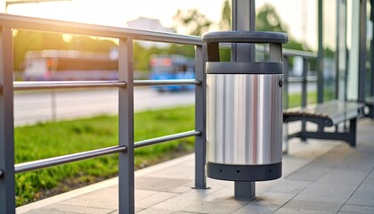 Outdoor trash can at a bus stop on a sunny day
