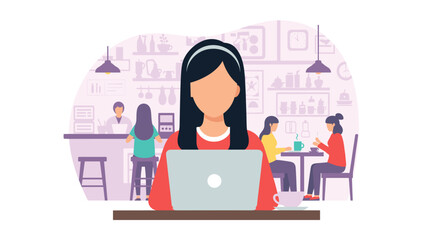 Woman working on laptop in a cafe, ideal for website banners or blog posts about remote work or coffee shop culture.