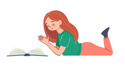 Illustration of a girl reading a book lying down learn study education knowledge vector graphic design