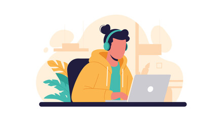 Person working on laptop with headphones, ideal for website banners or blog posts about remote work.