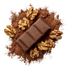 Fototapeta premium A chocolate bar is surrounded by chocolate powder and walnuts [Transparent Background PNG].