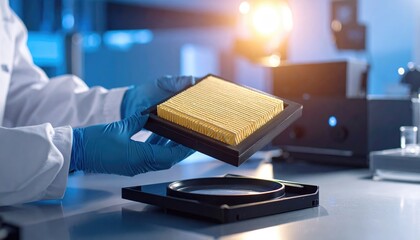 Scientist holding a yellow filter in a lab