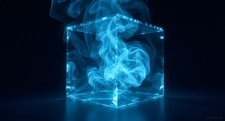 Abstract digital cube with illuminated blue edges and swirling smoke-like particles, set against a dark background with a sense of futuristic technology.