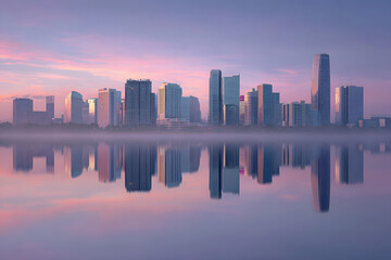 Modern Reflective Skyscrapers in Corporate Business District at Sunset Futuristic Glass Architecture with Urban Skyline Reflections