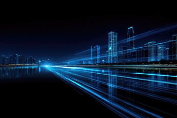 Night city skyline,  lights streaking