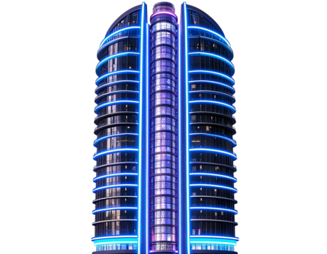 futuristic high-rise building with neon lights, transparent background - Powered by Adobe