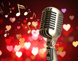 Retro microphone with musical notes and hearts