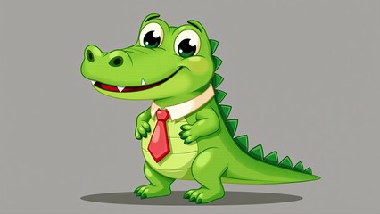 Fototapeta premium Friendly cartoon crocodile smiles broadly, wearing a shirt and tie against a neutral background.