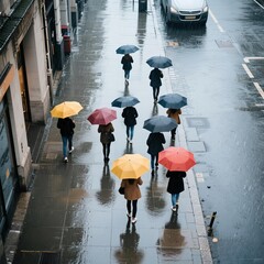 people walking on the sidewalk in the rain