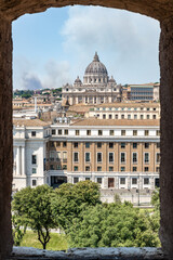 Saint Peter’s Basilica in Vatican City, view from Castle Sant Angelo’s window, Rome, Italy