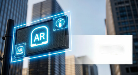 Augmented reality sign with glowing AR symbol and cloud icon on a street pole in a city for future technology and innovation concept.