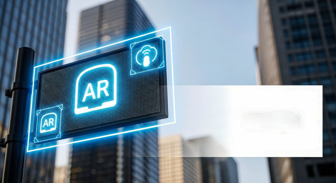 Augmented reality sign with glowing AR symbol and cloud icon on a street pole in a city for future technology and innovation concept.