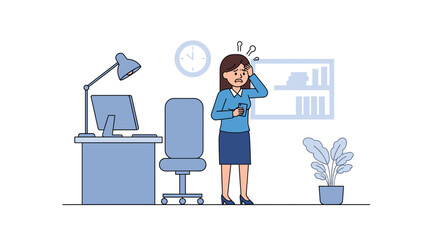 Stressed businesswoman at her desk, perfect for illustrating workplace stress or burnout for articles, websites, or presentations.