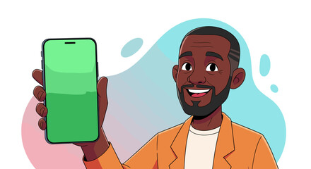 Happy man showing a smartphone with green screen, perfect for app presentations or website mockups.