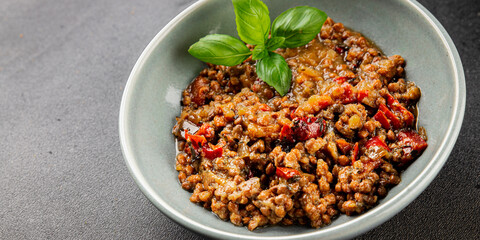 Lentil dish vegetables and roasted peppers savory vegetable fresh vegetarian and vegan food gourmet food background on the table rustic food top view copy space keto and paleo diet