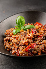 Lentil dish vegetables and roasted peppers savory vegetable fresh vegetarian and vegan food gourmet food background on the table rustic food top view copy space keto and paleo diet