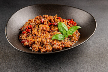 Lentil dish vegetables and roasted peppers savory vegetable fresh vegetarian and vegan food gourmet food background on the table rustic food top view copy space keto and paleo diet