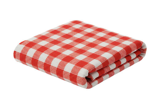 Red and white checkered picnic blanket folded for outdoor use  