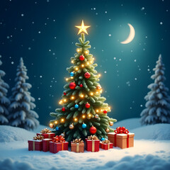 Obraz premium Christmas Tree Decorated with Lights and Ornaments in Snowy Night Scene