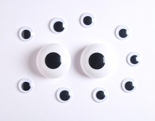 Playful googly eyes arranged on white background