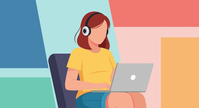 Woman working on laptop wearing headphones, perfect for blog posts about remote work or online learning.