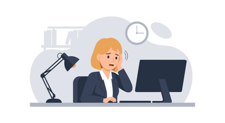 Stressed businesswoman at her desk, perfect for illustrating articles about workplace stress, burnout, or deadlines.