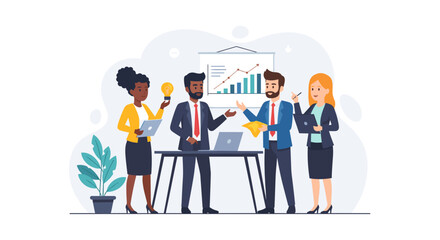 Diverse business team brainstorming and analyzing growth chart, perfect for landing pages and presentations.