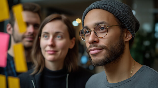 Startup Team Of Mixed Ethnicities Brainstorming In Berlin Creative Office, Sticky Notes On Glass, Eye-level Dslr View