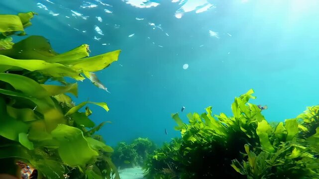 The sunlight penetrates the water, and the underwater seaweeds sway.