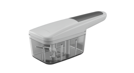 Kitchen vegetable chopper with grey handle and transparent container  