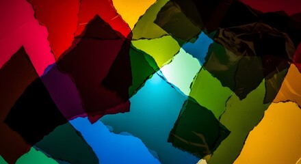 Abstract composition of colorful overlapping translucent shapes creating a vibrant display of light and color variation. Blue and yellow light gradient in background