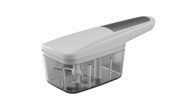 Kitchen vegetable chopper with grey handle and transparent container  