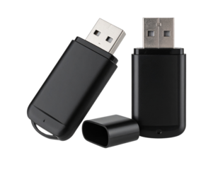  Minimalist Black USB Flash Drive with Cap Removed, Side View, Isolated on White Background