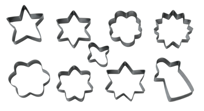 Set of cookie cutters in various shapes on white background  