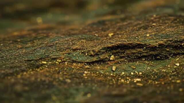 Closeup Dark Brown and Green Stone Texture with Golden Sparkle