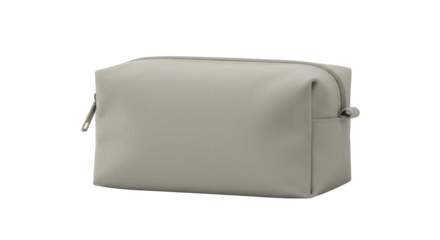 Gray cosmetic bag with zipper in minimalist design on white background  