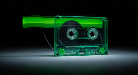 Transparent neon green audio cassette glowing in light trails. Concept of fast-forwarding an old analog music tape with modern aesthetic.