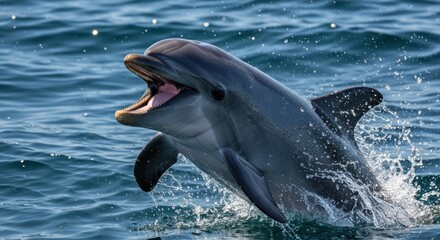 A joyful dolphin leaps high from ocean water in a splash of sea spray, wide open mouth visible.