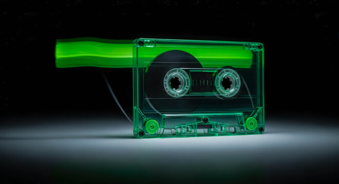 Transparent neon green audio cassette glowing in light trails. Concept of fast-forwarding an old analog music tape with modern aesthetic.