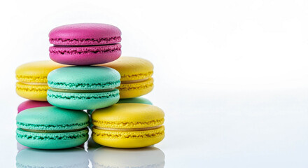 Fototapeta premium Colorful french macarons stacked on a white background. Sweet delicious dessert with copy space. Pastry for celebration.